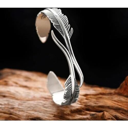 Tibetan Silver Leaf Feather Adjustable Couple Bangle Gothic Punk Design Women Jewelry Gift Lucky Open Cuff Bangle Bracelet