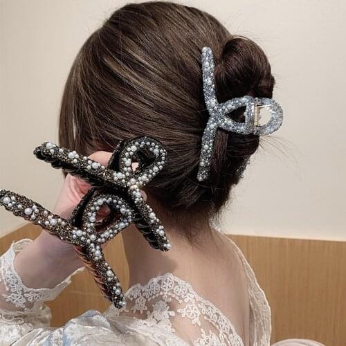Korea Solid Color Rhinestone Hair Claw Clip Hairpins Pearl Cross Plastic Barrette Crab Headwear For Women Girls Hair Accessories