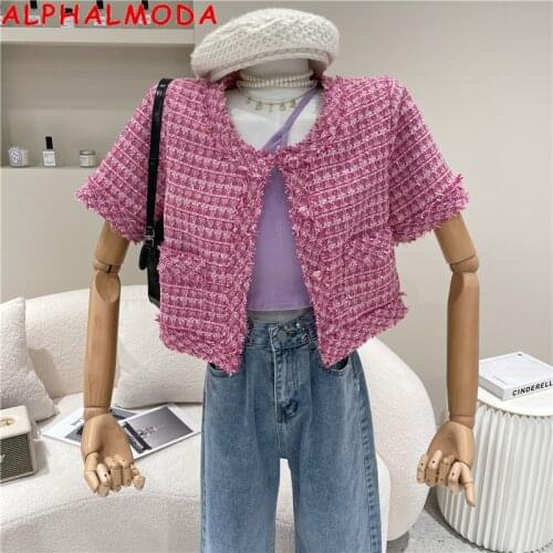 ALPHALMODA 2021 Summer French Retro Short Sleeve Tweed Jacket Women Tassel Trim Office Ladies Chic Short Slim Outfit Top