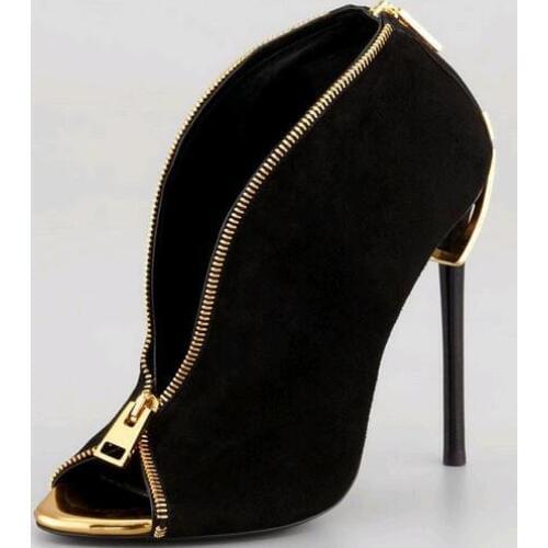 2019 New Style Fashion Runway Stretch Sock Boots Peep Toe Stiletto Heel Big Zip Decor Ankle Boots Shoes Woman Crotch Booties