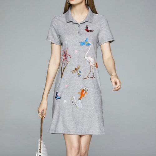 Summer embroidery straight Polo Shirt Dresses Women 2021 Casual Cotton Midi Dress Lady Turn-down Collar Pockets Black vestidos