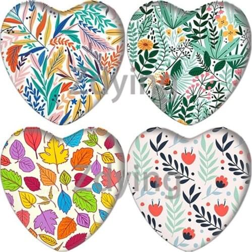 Zdying Colorful Leaves Plants Heart Shape Glass Cabochon Art Picture For Tray Base Cameo Charm Settings DIY Jewelry Findings