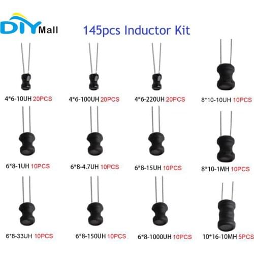 145pcs Choke Inductor Assortment Kit Assorted Set 12 Values 4*6 6*8 8*10 10*16 10/100/220/1/4.7/15/33/150/1000uH 1/10mH