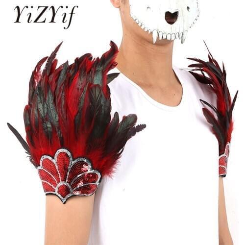 2Pcs Handmade Gothic Feather Wraps Cape Shiny Sequin Flower Epaulet Shrug Cape Shoulder Strap Halloween Costumes Feather Epaulet