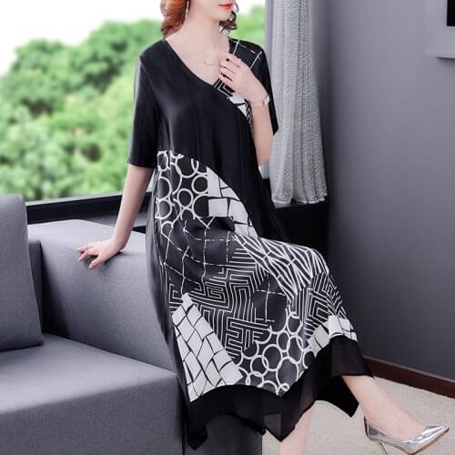 Black Loose 4XL Plus Size Casual Midi Dresses 2021 Summer Vintage Print Mulberry Silk Satin Dress Elegant Women Party Vestidos
