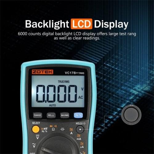 ZOTEK VC17B+ 6000 Counts True-RMS Digital Multimeter Auto Range AC/DC Voltage Current Meter Ohm Diode Voltmeter with Blacklight