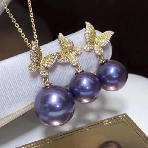 D314 Fine Jewelry 18K Gold 9-13mm Natural Fresh Water Purple Pearls Females Jewelry Sets for Women FIne Jewelry Sets