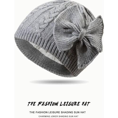 2021 New Autumn Winter Fashion Trend Bowknot Knitted Hat for Woman Grey Green Purple Pink White Cute Warm Hat Baotou Cap Hats