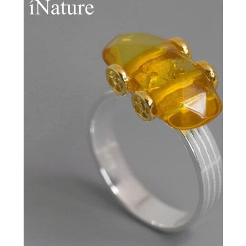 INATURE 925 Sterling Silver Creative Fine Jewelry Natural Amber Stone Car Finger Ring