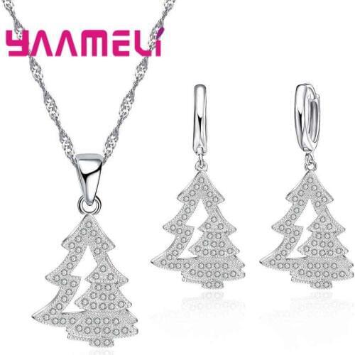 Fine 925 Sterling Silver Jewelry Sets Cubic Zirconia Christmas Tree Necklace Earrings Brincos Party Wedding Accessories