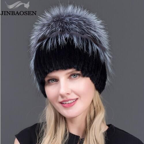 JINBAOSEN Women knitted Mink Fur Hat styles women fur Hat with fox fur pompom liner Women Winter Hats girl hats beanies