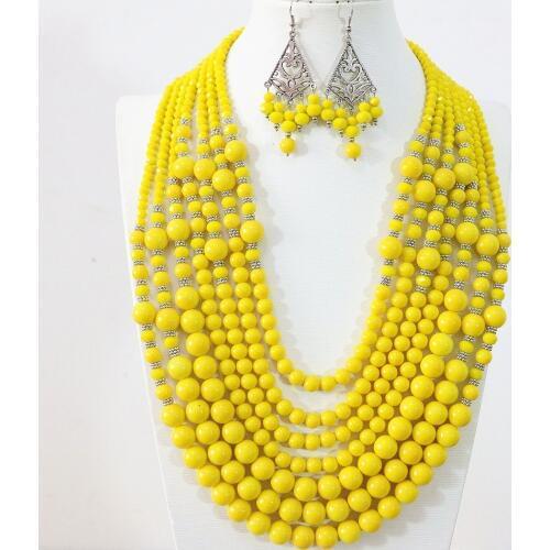 Classical yellow lemon 7 rows necklace earrings round baking paint glass shell crystal ababcus beads handmade jewelry set B1297