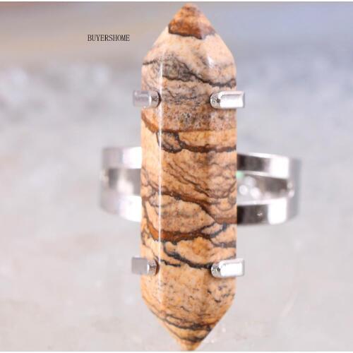 Finger Ring Handmade Jewelry For Women Gift Natural Stone Hexagonal Bead Picture Jaspe Adjustable 1Pcs Z063