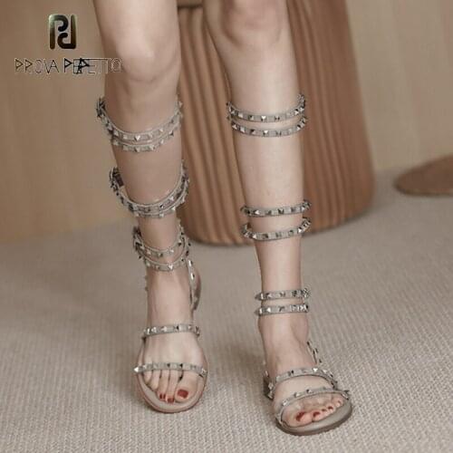 Leather Rivet Strap High Tube Roman Sandals Female Summer 2021 New One-word Buckle Strap Flat Open Toe Long Tube Sandals
