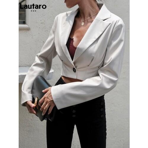 Lautaro Autumn Soft Light Faux Leather Cropped Top High Waist Long Sleeve Lapel Stylish European Style Sexy Leather Jacket Women