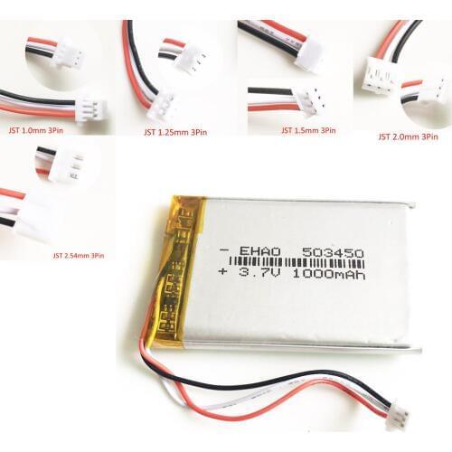3.7V 1000mAh JST 3pin Polymer Lithium Rechargeable Lipo battery 503450 for smart phone DVD mp3 Led Lamp camera