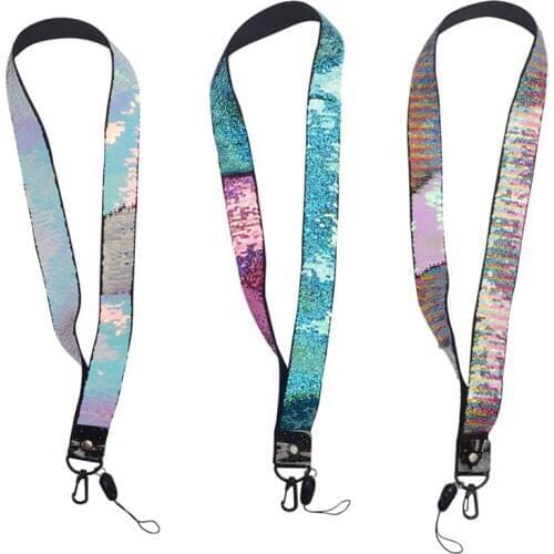 Fashion Double Color Sequins Broadband Fabric Adjustable Mobile Phone Lanyard for iPhone 11 Xs Lanyard Neck Strap Hang Rope