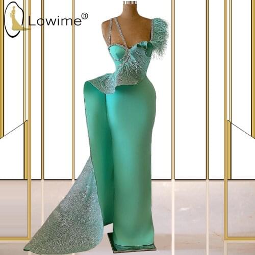Mint Green Long Satin Evening Dresses Feathers Illusion O Neck Vestidos De Noche Robe Longue 2021