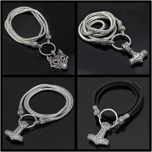 Norse Viking Raven Wolf Pendant Cord Odins Ravens Of Thors Hammer amulet Axe Crow Chain Necklaces Men ethnic Jewelry Drop ship
