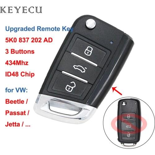 Keyecu Upgraded Flip Remote Key Fob 434MHz ID48 Chip 3 Buttons for Volkswagen Beetle Passat - FCC ID: 5K0 837 202 AD