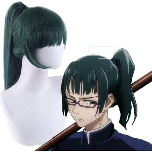Anime Jujutsu Kaisen Second Grade Student Zen In Maki Cosplay Wig Dark Green Tiger Mouth Clip Ponytail High Temperature Wire