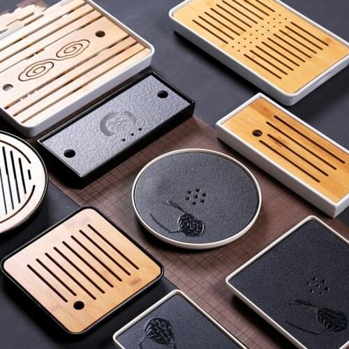 Rectangular and Round Kung Fu Tea Melamine Bamboo Water Tea Ceremony Container Storage Tray Tea Set Service Gift Set