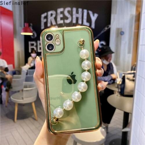 Luxury Plating Pearl Wrist Bracelet Clear case for iPhone 11 12 Pro Max MiNi XR XS X 7 8 plus SE 2 camera protection soft cover
