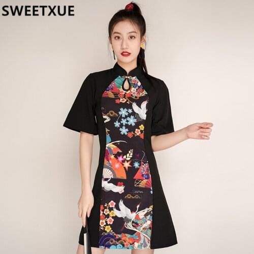 SWEETXUE Girl Chinese Style Black Fashion Retro Sexy Little Dress Women Summer Print Patchwork Mini Dress