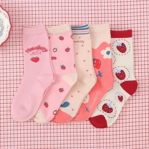 Japanese Cute Pink Strawberry Socks Womens Milk Letters White Kawaii Harajuku Lolita Sweet Fruit Pattern Socks Cotton Print