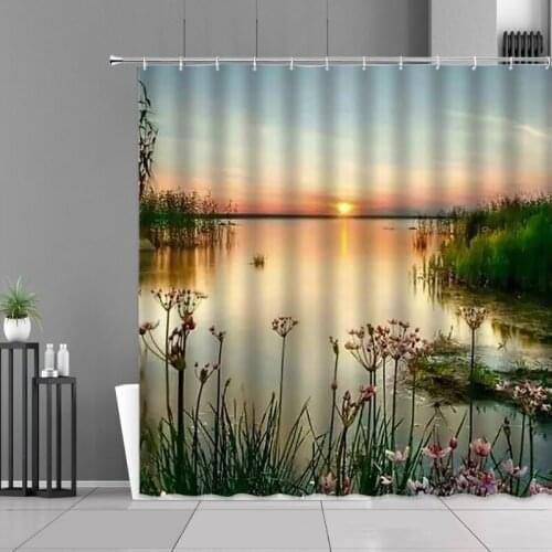 Sunset Dusk River Scenery Shower Curtain Plants Forest Waterfall Landscape Home Decoration Bathroom Curtain Shower Curtain