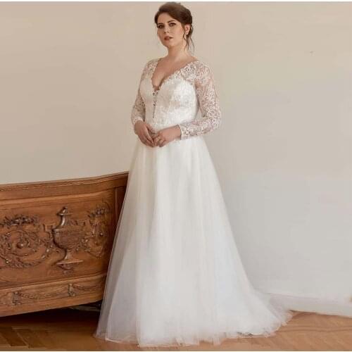 Plus Size Wedding Dress A-line Tulle 2021 Sexy Long Sleeve V-neck Sweep Train Bridal Gowns with Applique
