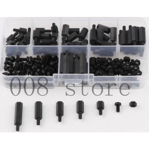 180Pcs Black Nylon M3 Hex Column Male-Female Standoff Spacers Screw Nut Kit Box