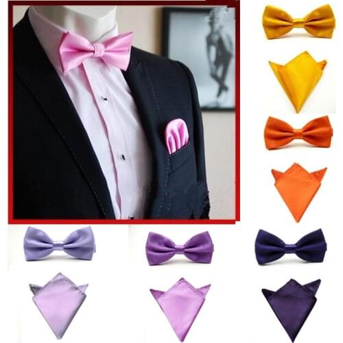 19 Colors Fashions Mens Bowties and Pocket Squares Solid Color Self Men Bow Tie Necktie Mens Handkerchief Set JBtr0018