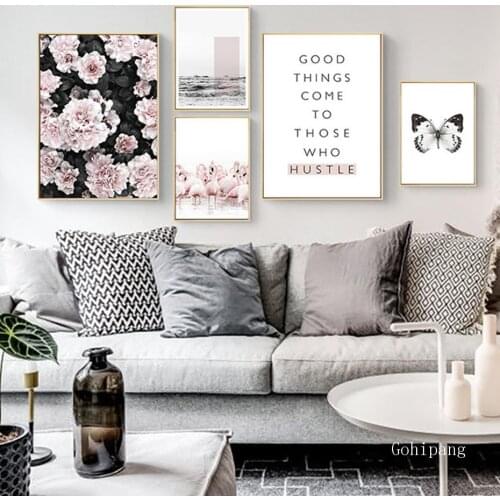 Modern Style Pink Flowers Flamingo Canvas Paintings Flower Nordic Art Wall Art Pictures Poster Print for Bedroom Home Decor Gift