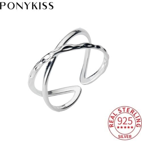PONYKISS S925 Sterling Silver Double layer cross adjustable Ring for Women Fine Jewelry Accessory Girl Party minimlist Gift