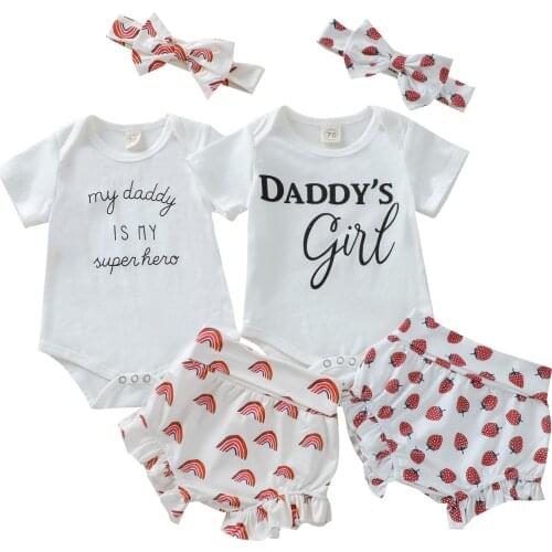 2021-05-07 Lioraitiin 3Pcs 0-18M Baby Girl Clothes Set Letter Print Short Sleeve Romper Strawberry/Rainbow Print Shorts Headband