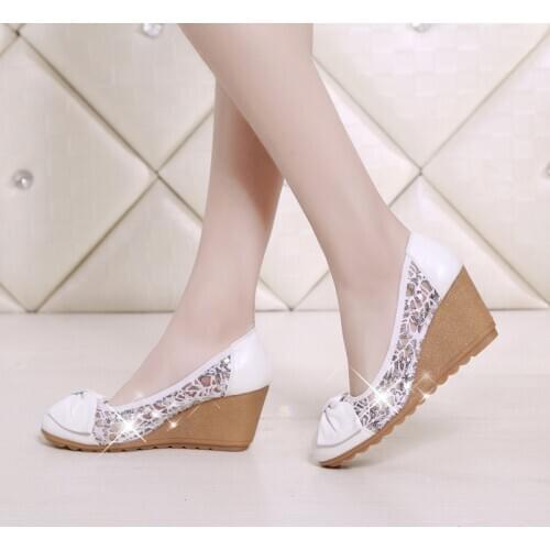 Lace Fabric Genuine Leather Wedged Shoes for Girls Women White Black sneakers Women Red Shoe Wedges Espadrilles Women Sandals