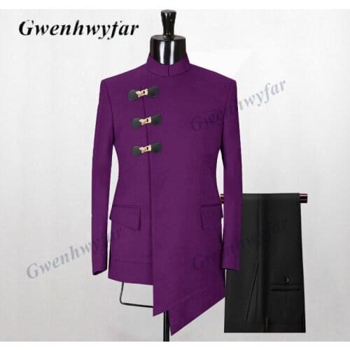 Gwenhwyfar Men Suits Irregular Length Purple Jacket Black Pants Wedding Party Groomsmen Tuxedos Leather Buckle Costume Homme