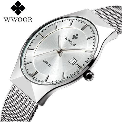 WWOOR Men Simple Quartz Watch Ultra-thin Mesh band Date Display Fashion Casual Analog Wristwatch relogio masculino