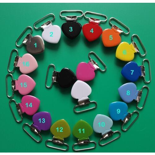 2019 New 1" 25MM Enamel Heart Shape Suspender Clips With Plastic Teeth,Metal Pacifier Clip,Garment Clips,50pcs Mix 16 Colors