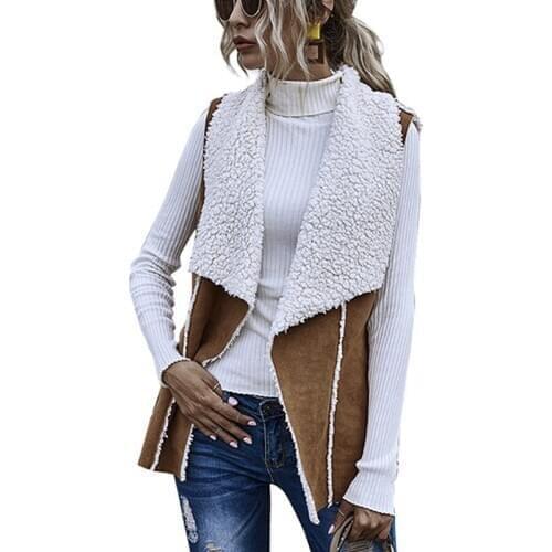 Autumn Winter Two-wear Suede Vest Women Sleeveless Lapel Jacket Coat Office Lady Lambswool Warm Cardigan Coats Female Vests