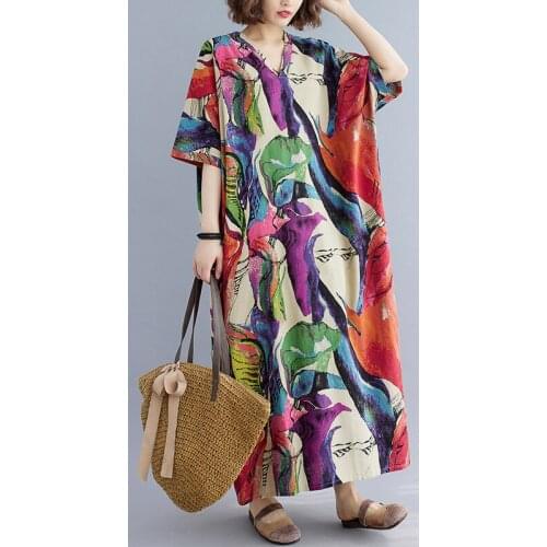 Holiday Travel Style Dress 2021 New Arrival Soft Cotton Linen Loose Oversized Dress Print Long Maxi Women Beach Casual Dress