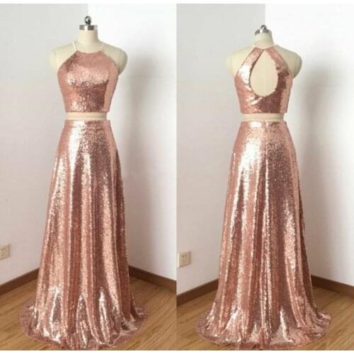 Elegant Long Halter Mermaid Rose Gold Bridesmaid Dresses Sequined Two Pieces Floor Length Zipper Back Robes de Soirée for Women