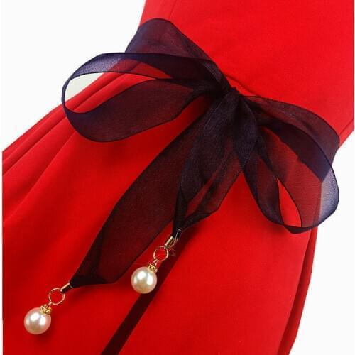 Belts For Women Chiffon Hollow Girdle Thin Pearl Belt Rope For Dresses Tassel Waistband Black White Grey Red Narrow Belt