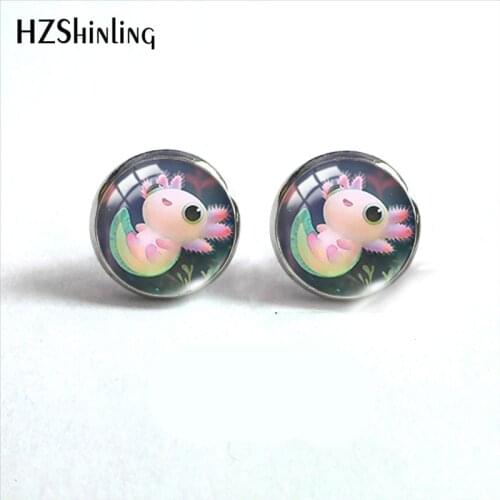 2021 New Axolotl Stud Earring Cute Animal Round Earrings Handmade Glass Dome Photo Printed Jewelry Gifts
