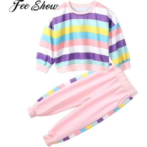 2Pcs Kids Girls Cotton Sport Suit Workout Tracksuit Clothing Colorful Rainbow Stripes Print Tops and Pants Set Casual Sportswear