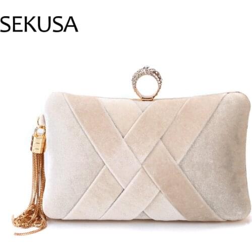 Criss-Cross Velvet Women Evening Bags Ring Metal Diamonds Small Day Clutch Tassel Fashion Lady Handbags Purse Bag