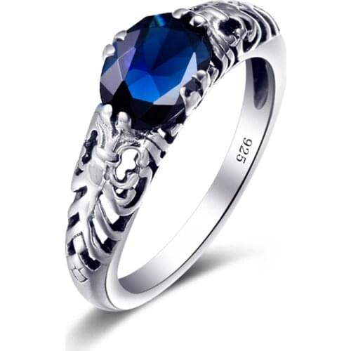 Szjinao Real Brand Luxury High Quality Round Cut Sapphire Vintage Solid 925 Sterling Silver Rings bijoux en argent