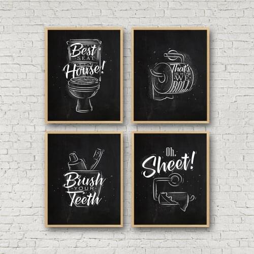 Toilet Sign Bathroom Canvas Painting Posters Prints Brush Teeth Black White Quotes Art Decorative Pictures Bathroom Decor