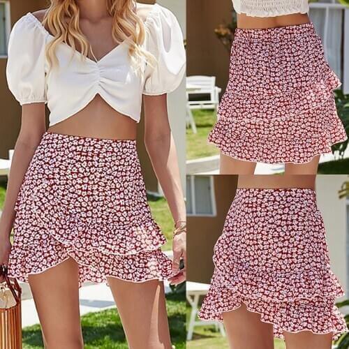 Womens Floral Printing High Waist Ruffles Splicing Holiday Style Skirt женские юбки 2021 Womens skirt Mini skirts
